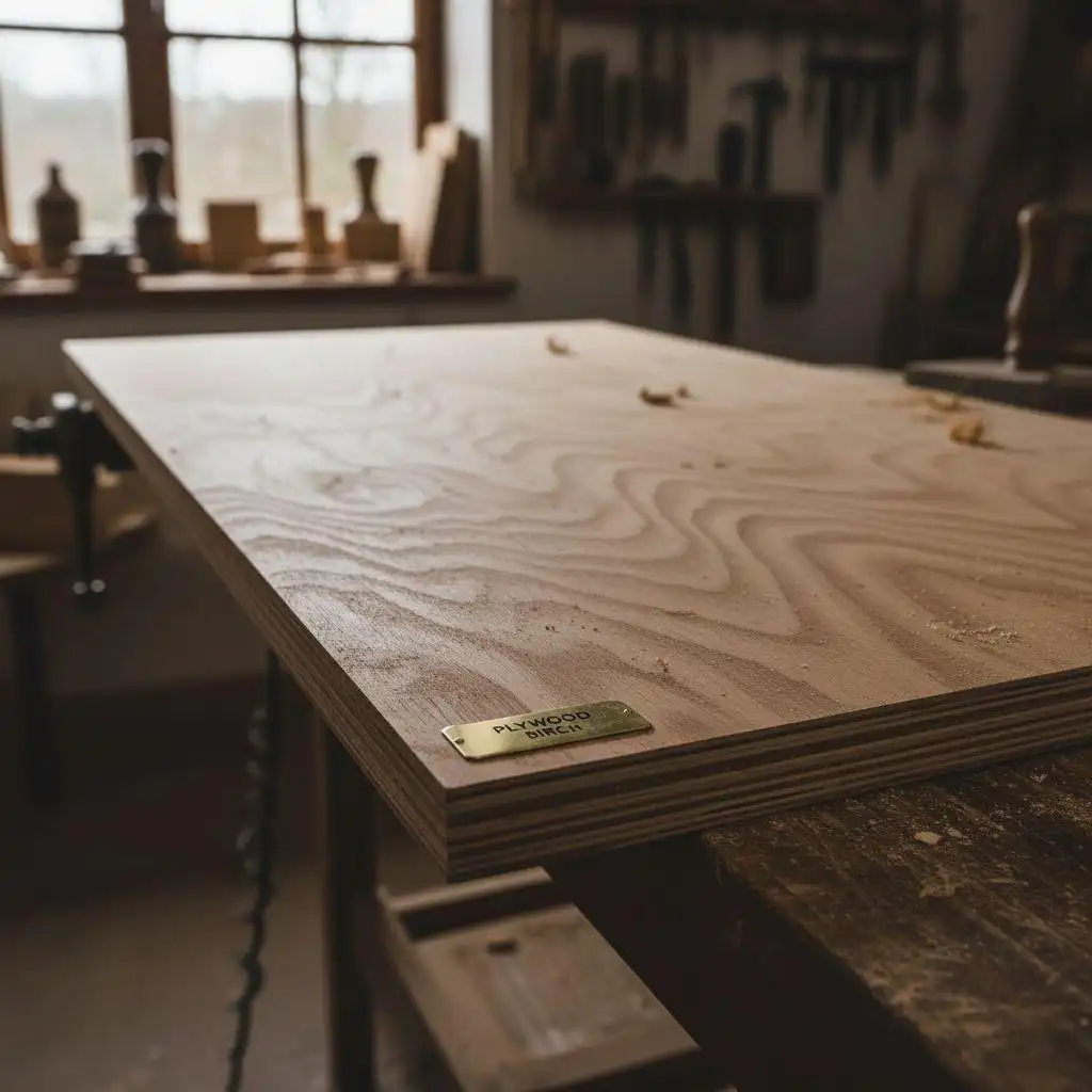 Kitchen cabinet materials comparison 3 Close-up of birch plywood on a workshop table, showing distinct layered edges and a brass plaque engraved with "Plywood Birch."