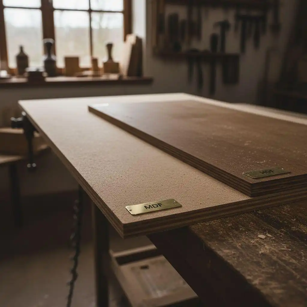 Kitchen cabinet materials comparison 4 Two sheets of MDF (Medium-Density Fibreboard) on a workbench, featuring a smooth, grainless surface and a brass plaque labeled "MDF."