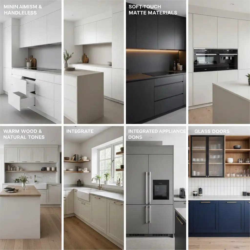 A collage of eight modern kitchen design trends including handleless cabinets, matte finishes, integrated appliances, and warm wood accents for a kitchen remodel budget project.