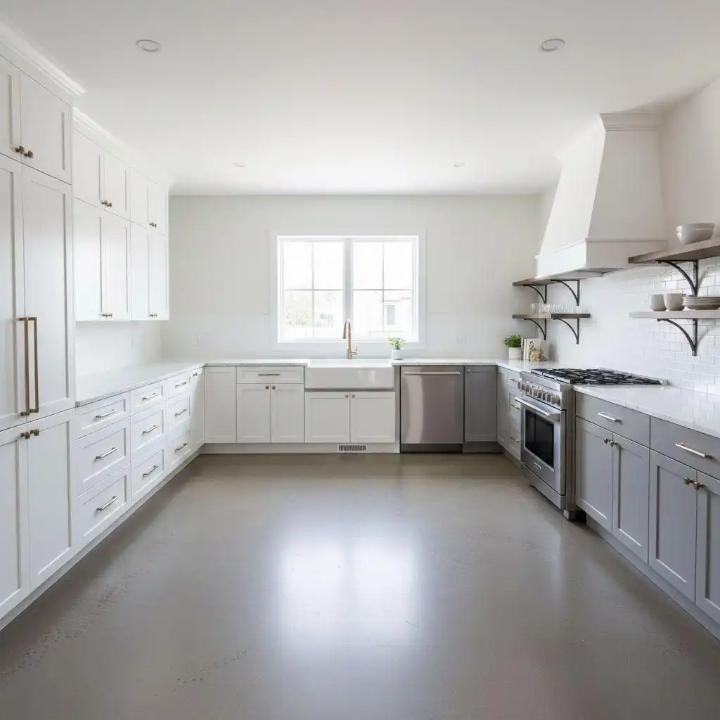 Modern u-shaped kitchen remodel budget example featuring two-tone white and grey shaker cabinets, open wood shelving, a farmhouse sink, and polished concrete floors.
