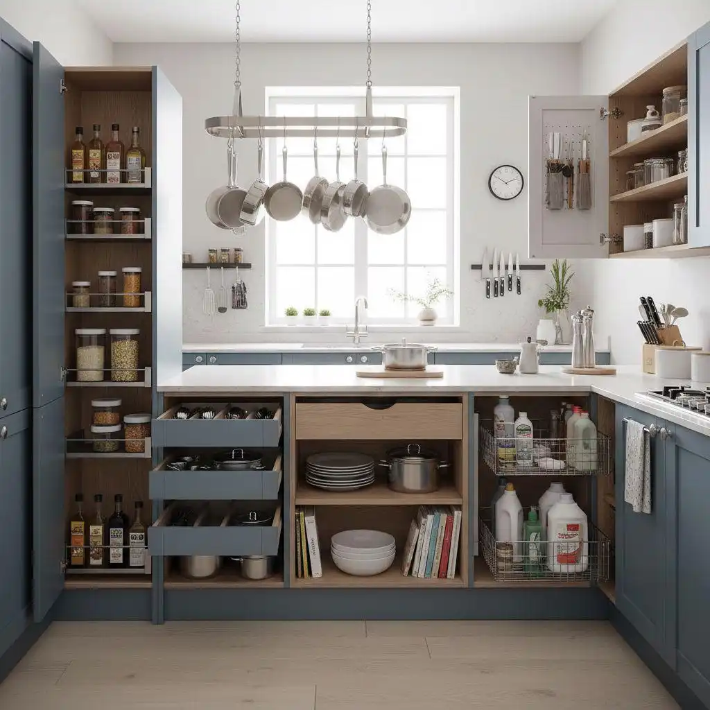 Modern light blue kitchen storage design featuring a tall pantry pull-out, a hanging stainless steel pot rack, multi-tiered cutlery drawers, open shelving for dishes, and wire pull-out baskets for cleaning supplies.