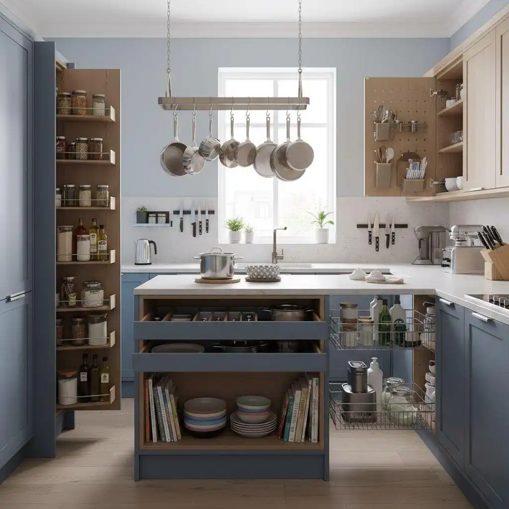 Modern blue kitchen showcasing various storage solutions, including back-of-door pantry spice racks, a hanging pot rack, organized drawers with dividers, open shelving for cookbooks, and pull-out wire baskets.