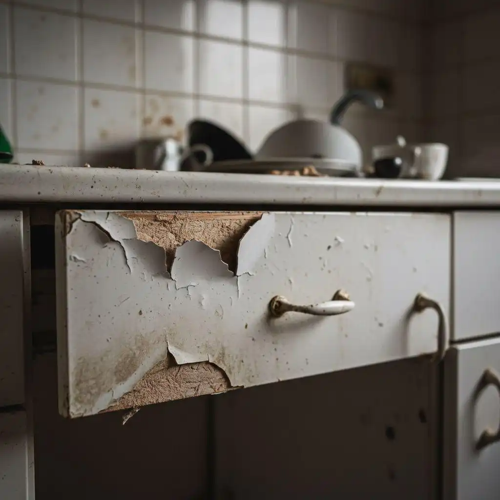 Low quality kitchen cabinets featuring heavily peeling laminate and exposed chipboard on a drawer front.