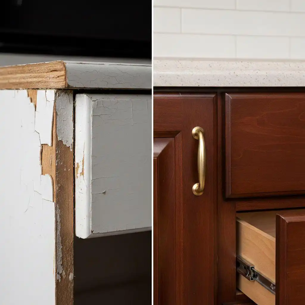 Side-by-side comparison of low quality kitchen cabinets with peeling laminate versus high-quality solid wood cabinets.