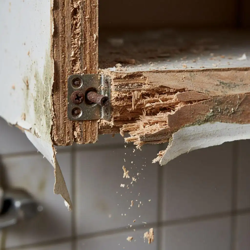 Close-up of rotting particle board and rusted hardware on low quality kitchen cabinets.