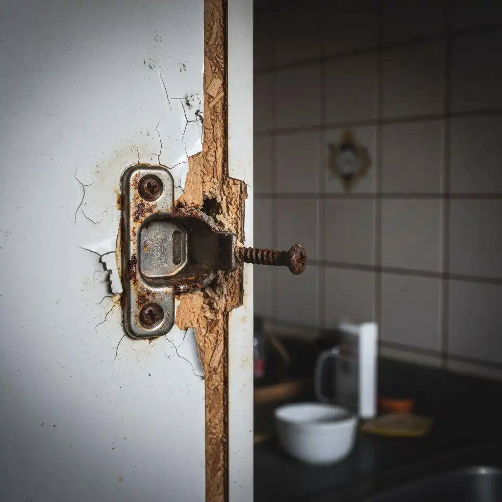 Rusted hinge pulling out of water-damaged low quality kitchen cabinets with peeling white paint.