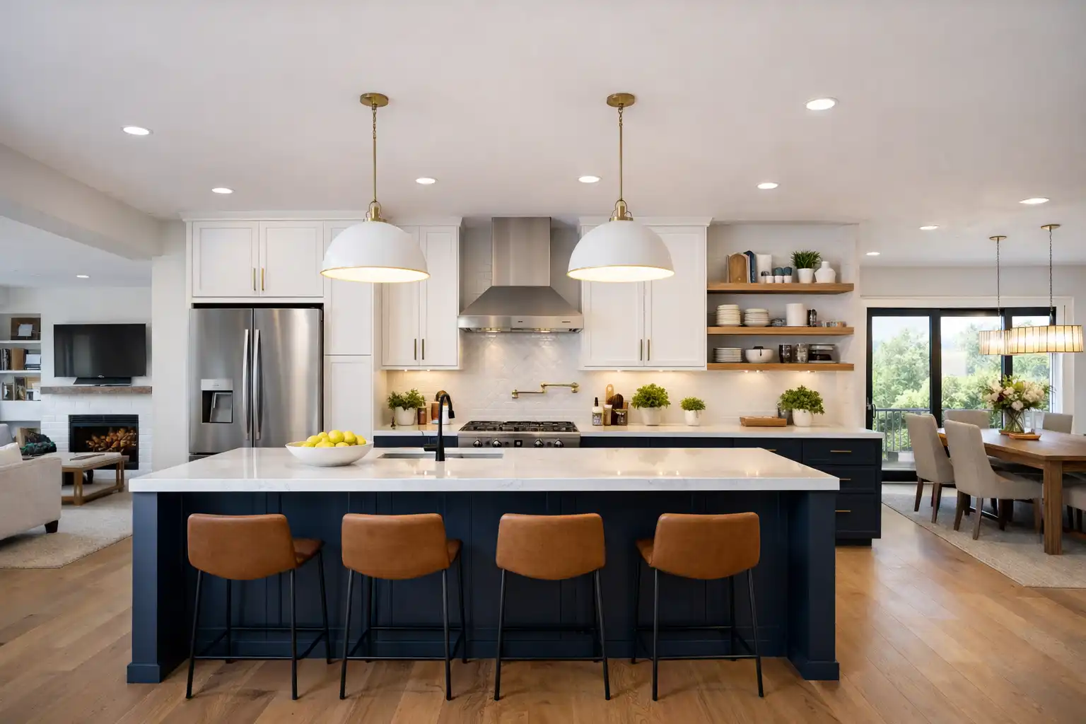 Open concept kitchen design with a navy blue island, integrated appliances, and seamless connection to living and dining areas