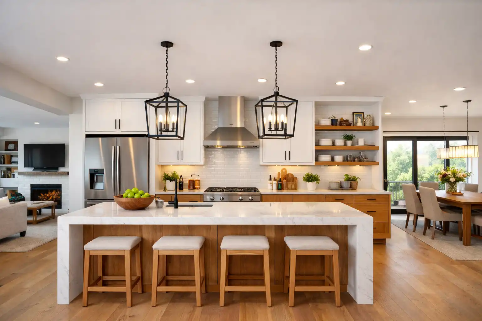 Open concept kitchen design with tiered island, wood cabinetry, and visual separation from living space