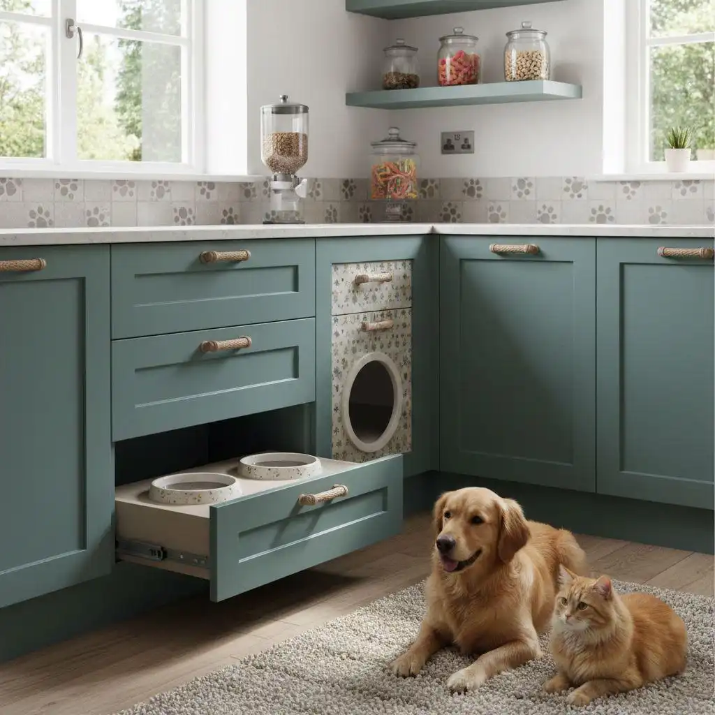 Modern teal pet-friendly kitchen cabinets featuring a built-in pull-out feeding station with two bowls and an integrated cat cubby hole, with a Golden Retriever and a ginger cat sitting in the foreground.