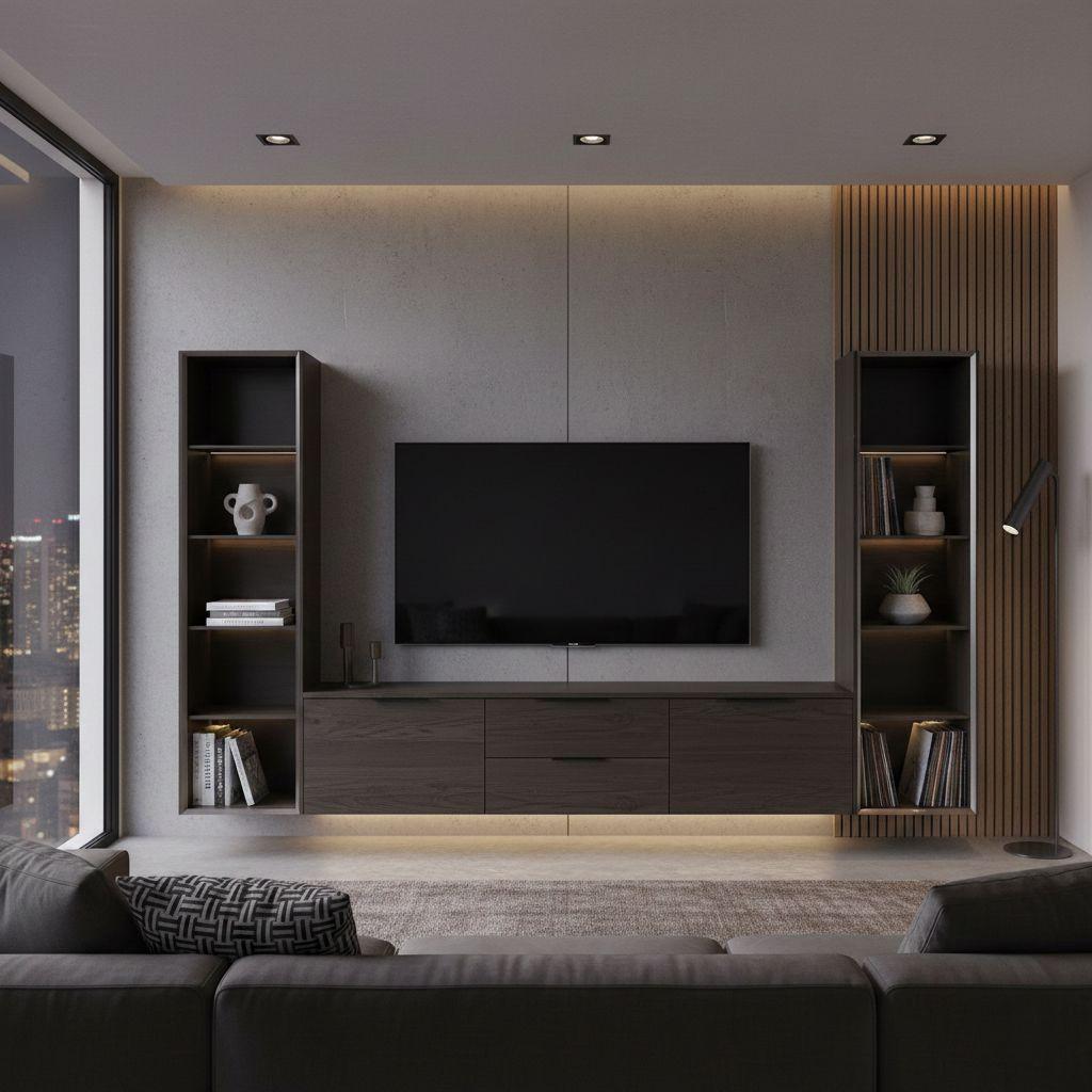 Minimalist floating dark wood TV cabinet with integrated LED shelving and concrete textured wall background.