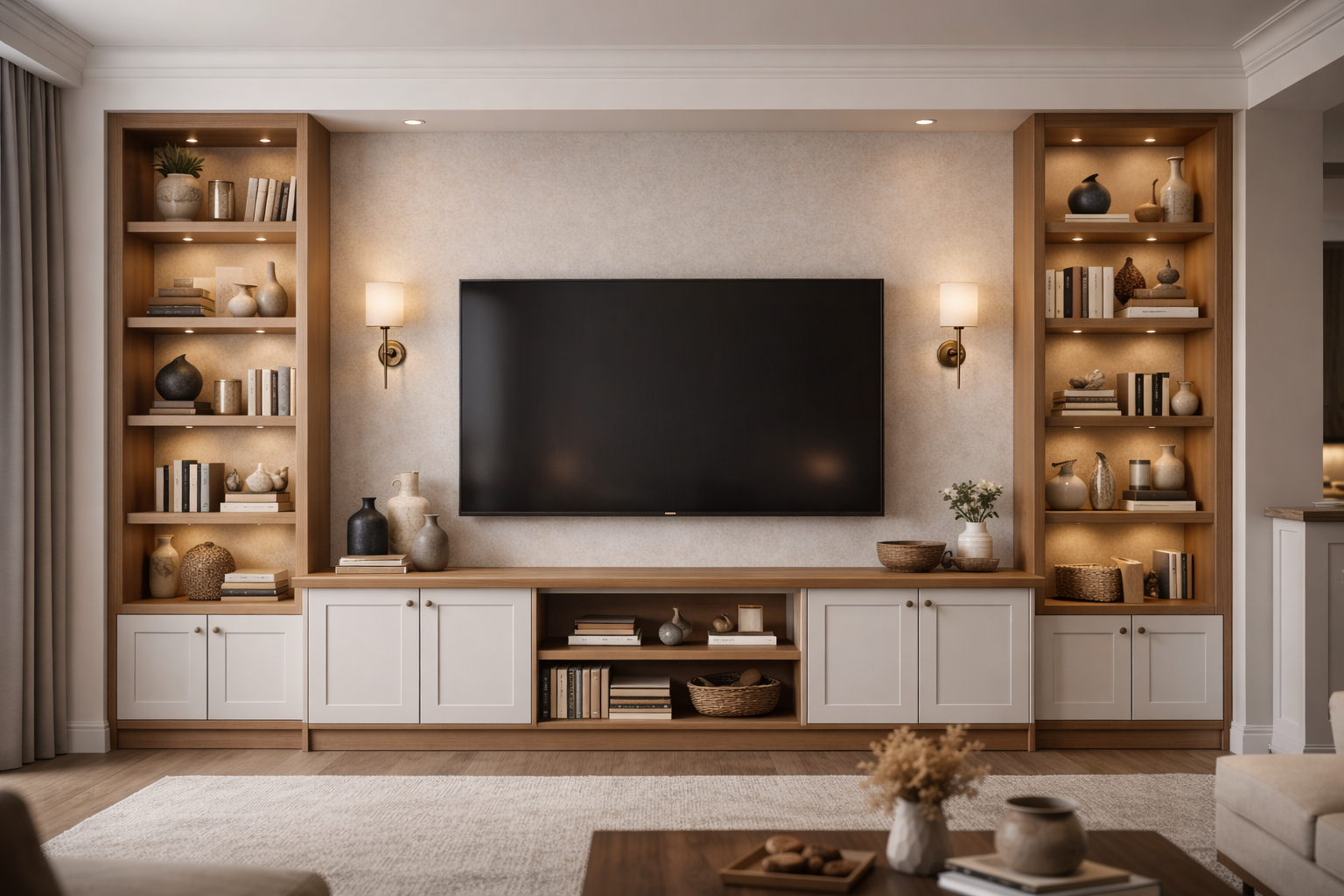 Transitional TV cabinet design with light oak shelving, white shaker doors, and built-in warm display lighting.