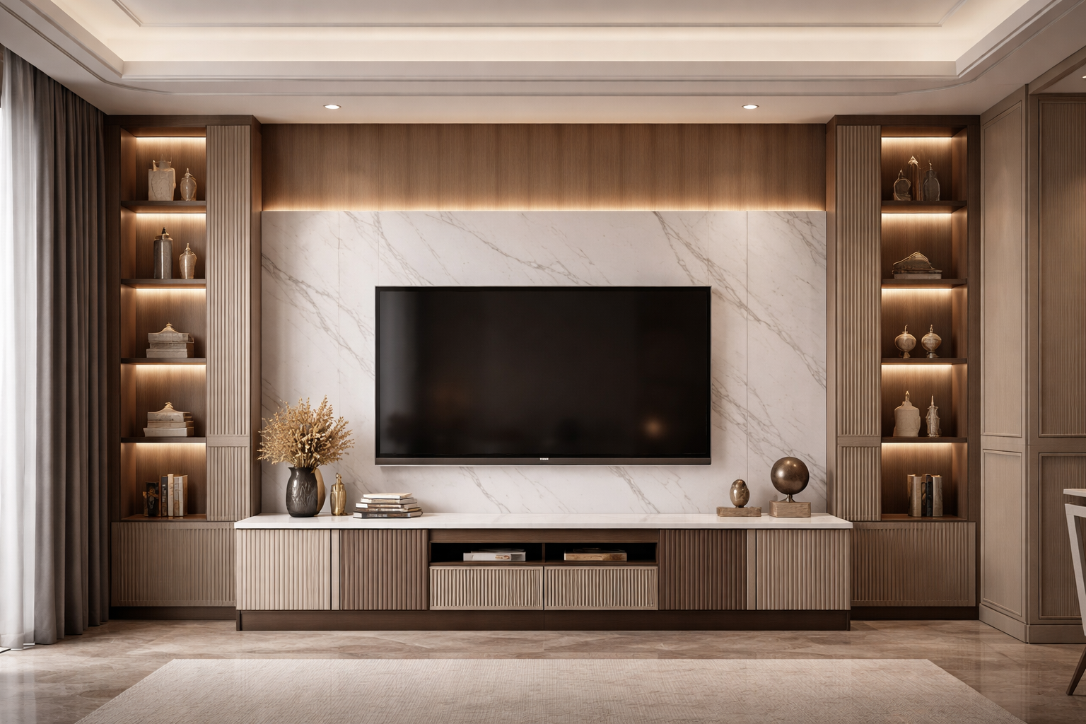 Luxury TV cabinet design featuring white marble wall panel, fluted wood textures, and symmetrical glass-front display towers.