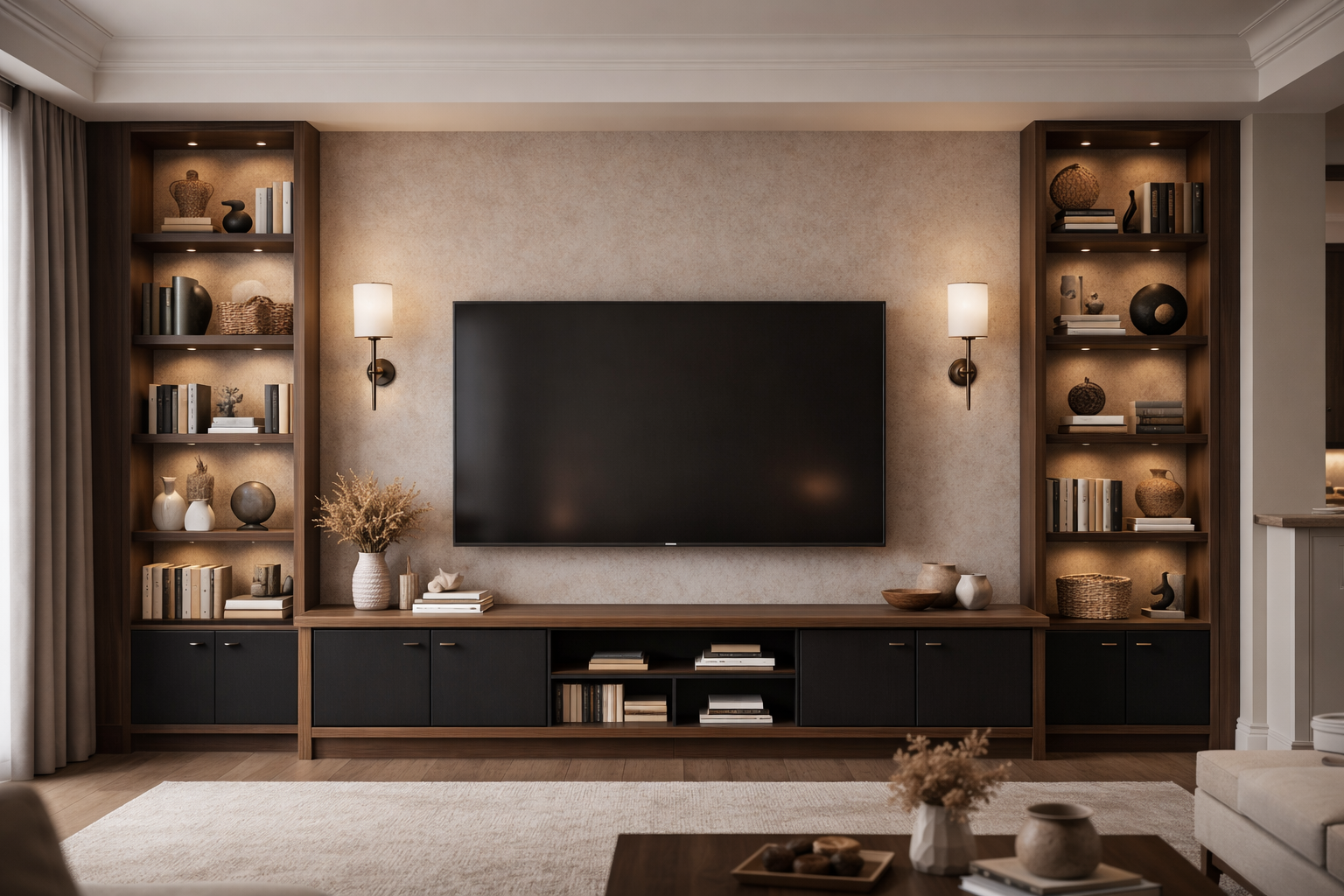 Symmetrical walnut wood TV cabinet with matte black lower cupboards and integrated library-style shelving.