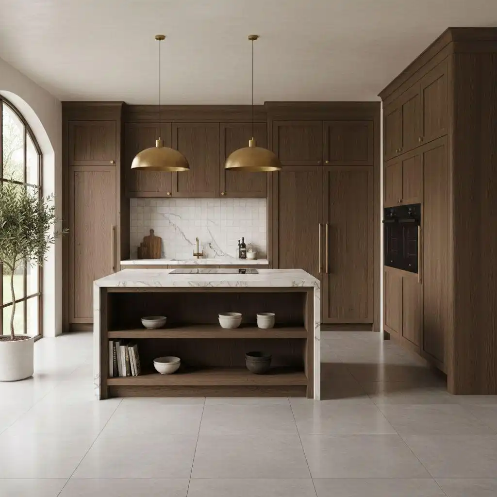 High-end kitchen cabinets with custom wood cabinetry, marble island, integrated storage, and warm neutral tones