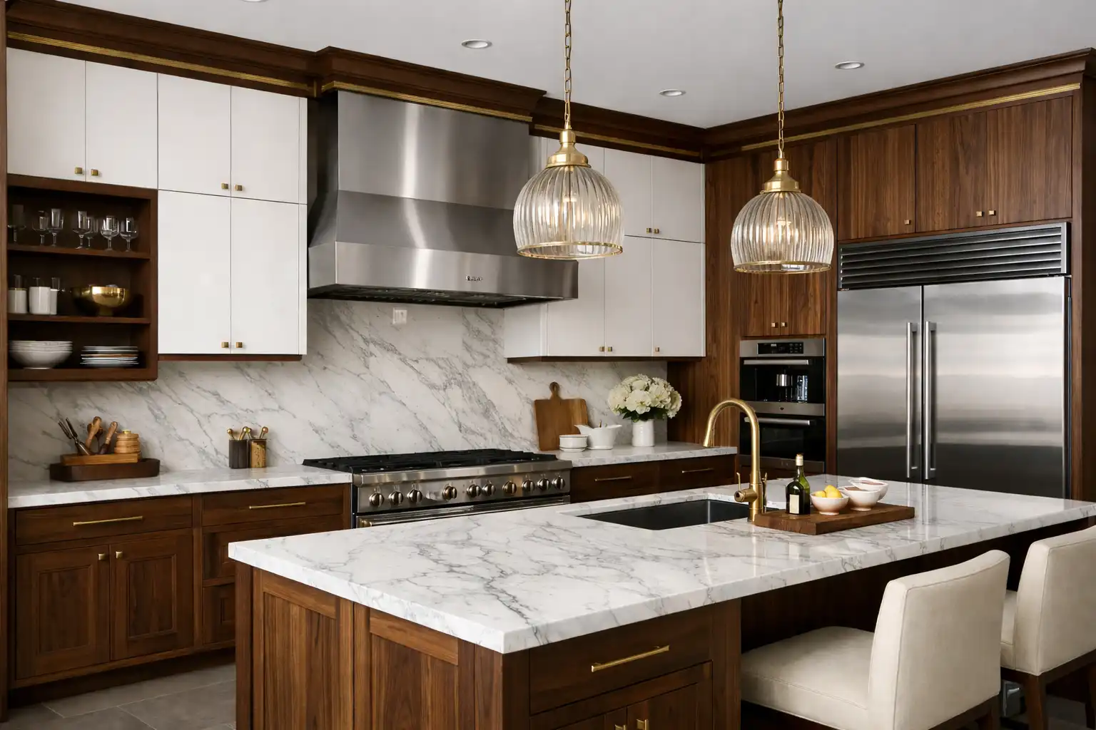 High-end kitchen cabinets with walnut wood bases, white uppers, marble island, and brass pendant lighting