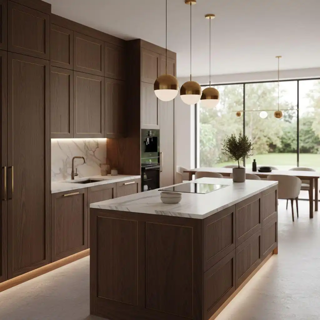 High-end kitchen cabinets in dark wood with integrated island, modern lighting, and open-plan dining area