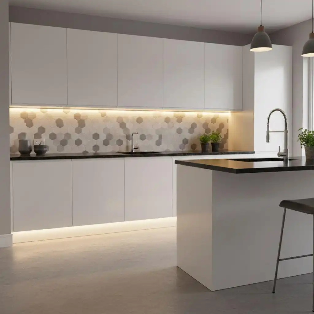 Minimalist white kitchen featuring modern kitchen cabinet lighting ideas with seamless under-cabinet LED strips over a hexagonal tile backsplash and matching toe kick lighting.