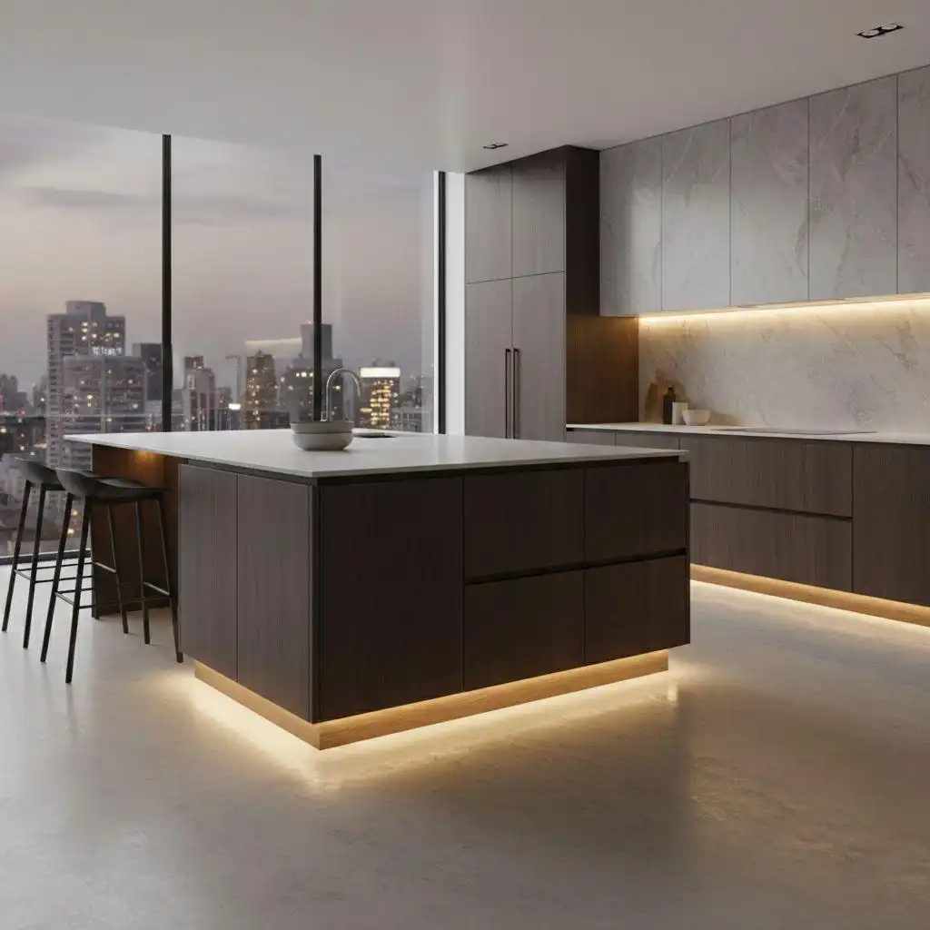 Modern minimalist kitchen featuring luxury kitchen cabinet lighting ideas with warm LED toe kick lights under a dark wood island and integrated under-cabinet strip lighting against a marble backsplash.