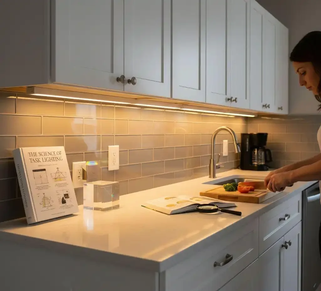 A woman preparing food on a white countertop illuminated by warm LED under cabinet lighting, showcasing modern kitchen cabinet lighting ideas with a gray subway tile backsplash.