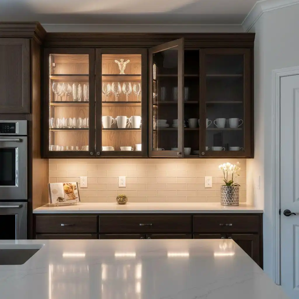 Elegant kitchen cabinet lighting ideas featuring vertical LED strips inside glass-front cabinets to display glassware, paired with warm under-cabinet task lighting over a white subway tile backsplash.