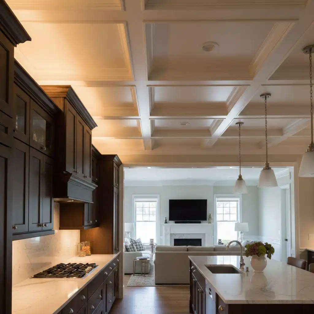 Traditional kitchen cabinet lighting ideas showing warm over-cabinet ambient lighting near a coffered ceiling, paired with under-cabinet task lights and marble countertops.