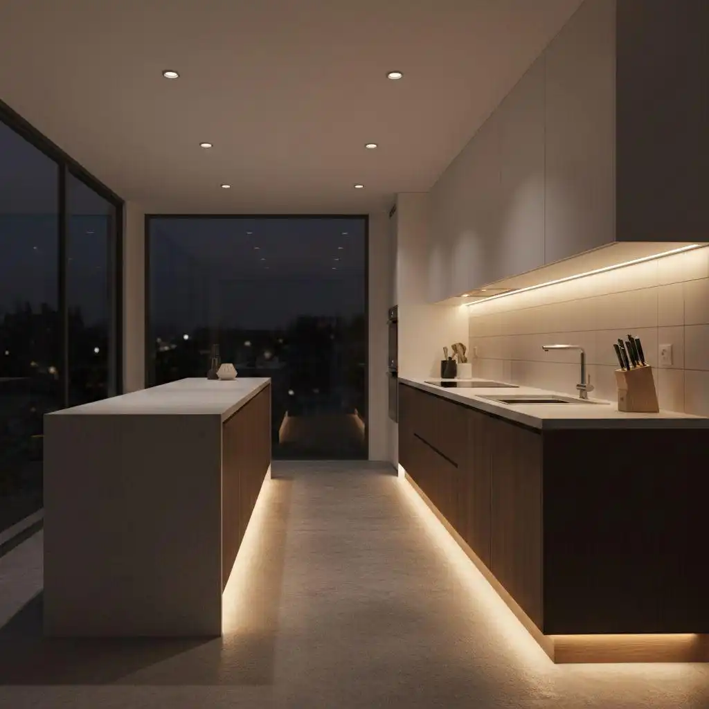 Luxury one wall kitchen with dark wood grain cabinets and a large matching island featuring warm under-cabinet LED lighting.