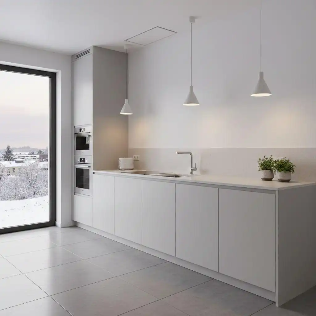 Minimalist white one wall kitchen design with handleless cabinets and integrated appliances in a modern apartment.