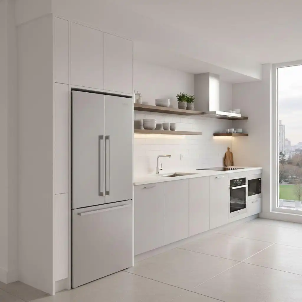 Contemporary one wall kitchen layout featuring a large stainless steel refrigerator, white subway tiles, and wooden open shelving.