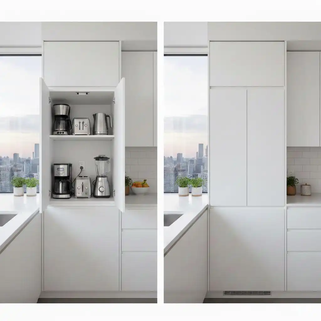 Close-up of a white kitchen appliance garage cabinet storing a coffee maker, toaster, and blender to reduce counter clutter.