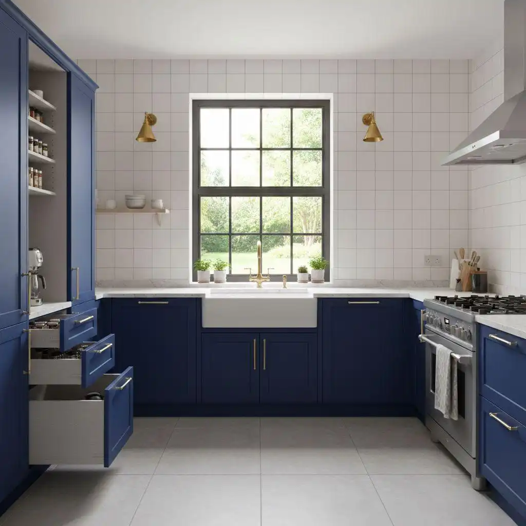 Bold navy blue kitchen cabinets with gold hardware, a white farmhouse sink, and a large window.
