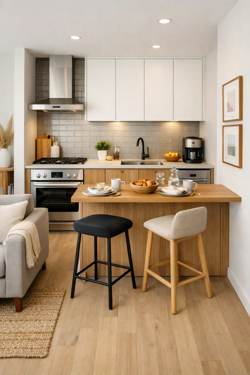Small space one wall kitchen with light wood lower cabinets, white upper cabinets, and a matching wooden breakfast bar island.