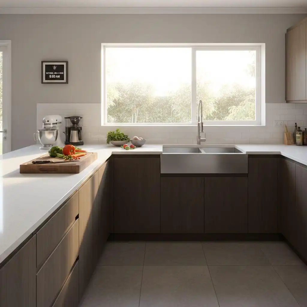 Modern U-shaped kitchen with dark wood cabinets, white quartz countertops, and a large window overlooking a garden.
