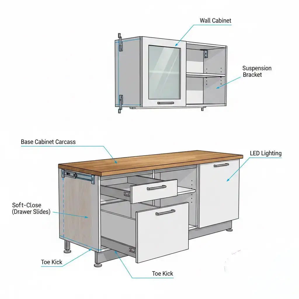 remove photos object removed 2026 01 03T144919.831 A technical 3D diagram showing the internal structure of wall and base kitchen cabinets with labels pointing to the carcass, drawers, slides, and toe kick.