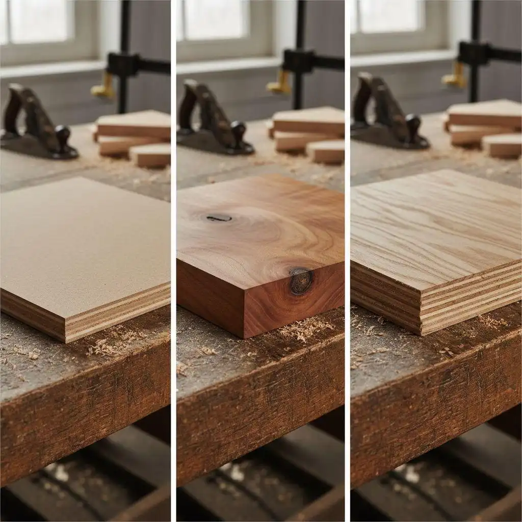 A three-way split comparison showing the cross-section of durable kitchen cabinet materials: multi-layer plywood with a smooth laminate top, a solid hardwood block with natural grain and knots, and a high-quality wood veneer on a multi-layer engineered core. All pieces are set on a professional woodworking workbench.