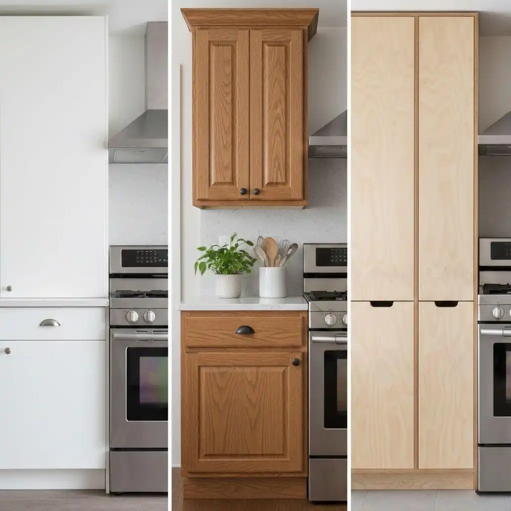 A three-panel comparison of finished kitchen cabinets demonstrating most durable kitchen cabinet materials: Left shows sleek white modern cabinets with metal handles; Middle shows classic raised-panel solid oak wood cabinets with a warm finish; Right shows contemporary floor-to-ceiling light birch plywood cabinets with integrated cutout handles. All are shown installed next to a stainless steel stove.
