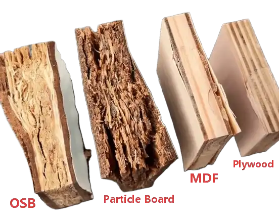 A side-by-side comparison of four engineered wood samples—OSB, Particle Board, MDF, and Plywood—after a water submersion test. The Particle Board and OSB show extreme swelling and structural disintegration, while the MDF shows moderate expansion and the Plywood remains the most stable.