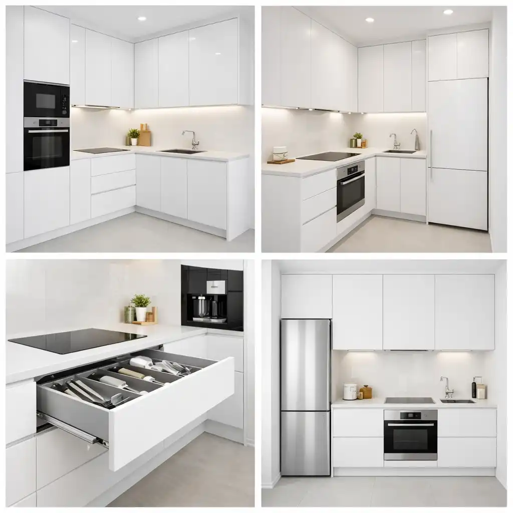 A collage showing four different small kitchen cabinet layouts in minimalist white gloss finish, featuring L-shaped designs and a compact single-wall setup with integrated appliances.