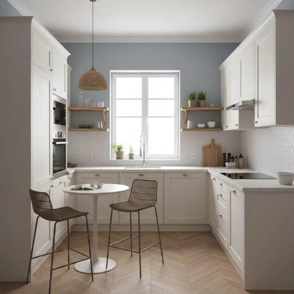 Modern U-shaped small kitchen cabinet layout with white Shaker-style cabinets, light wood herringbone floors, and a small bistro dining set.