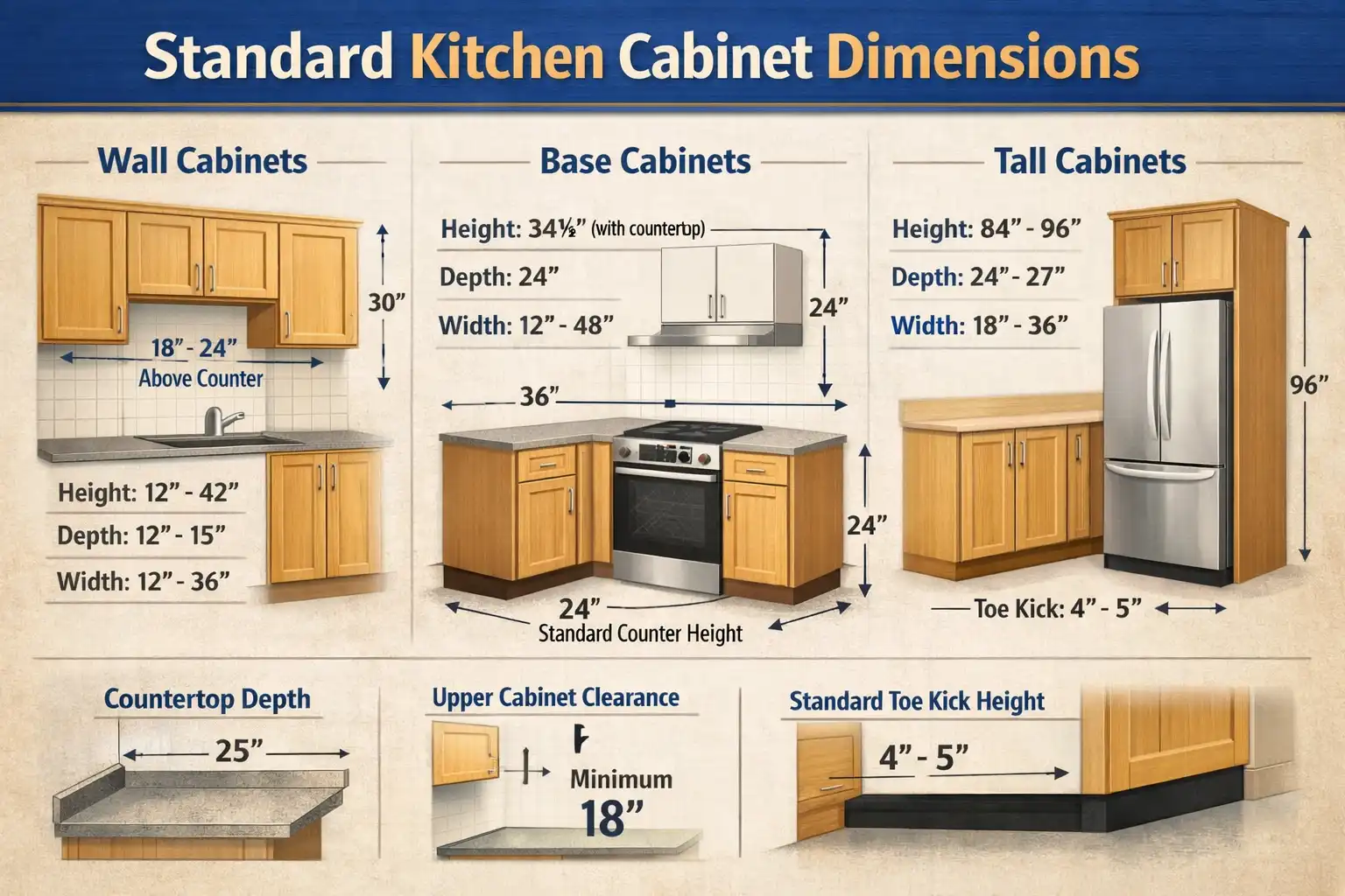 standard kitchen cabinet dimensions 2 An informative chart detailing standard kitchen cabinet dimensions for wall, base, and tall cabinets, including height, depth, and width ranges.