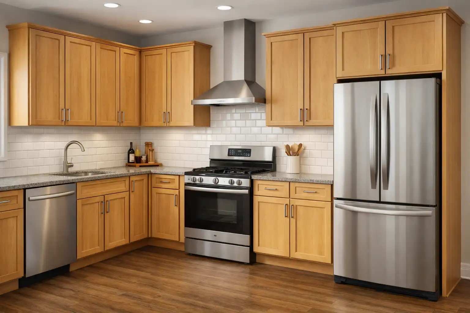 A transitional kitchen with natural wood cabinetry and stainless steel appliances, showing standard kitchen cabinet dimensions for base and wall units.