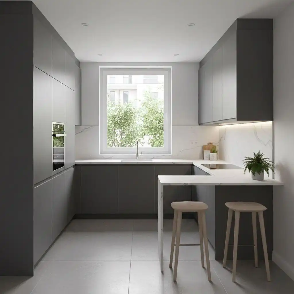 U shaped kitchen ideas 1 Modern small U-shaped kitchen featuring matte dark grey floor-to-ceiling cabinets, white marble countertops, and a peninsula breakfast bar with two wooden stools.