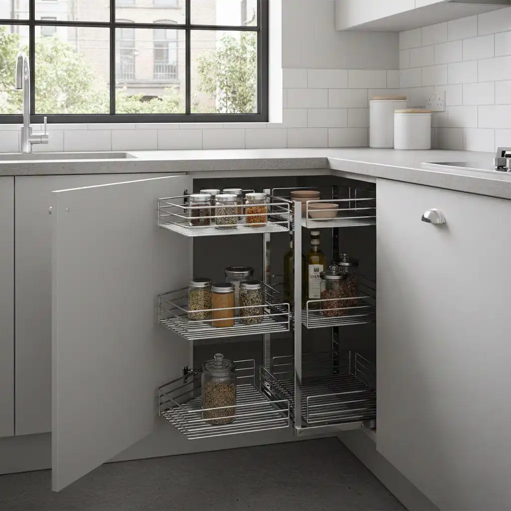 U shaped kitchen ideas 11 Interior view of a U-shaped kitchen corner cabinet featuring a pull-out chrome wire "Magic Corner" storage system.