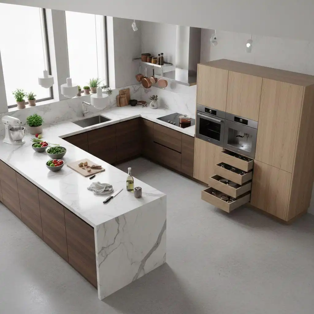 U shaped kitchen ideas 2 Modern U-shaped kitchen featuring dark wood lower cabinets, light oak tall units, and white marble countertops with integrated drawer organizers.