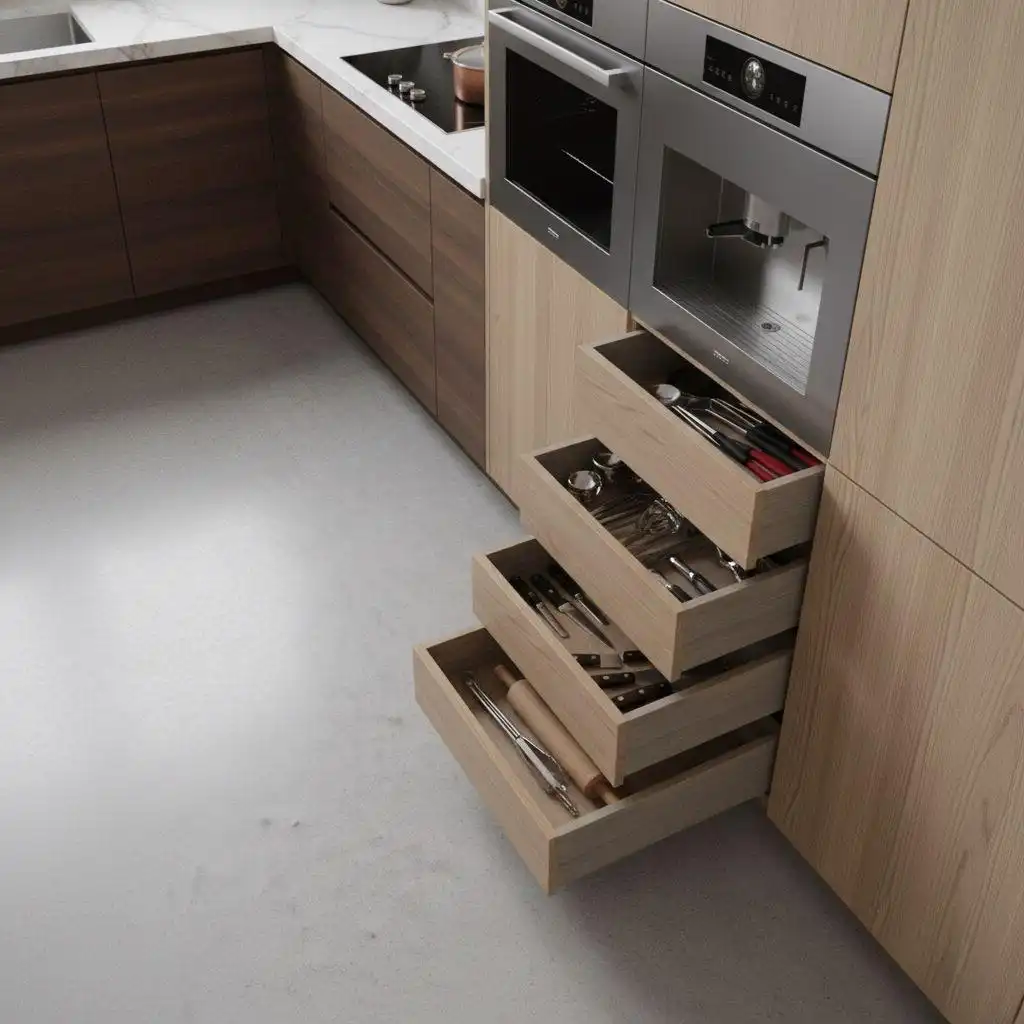 U shaped kitchen ideas 3 Modern U-shaped kitchen featuring dark wood lower cabinets, light oak tall units, and white marble countertops with integrated drawer organizers.