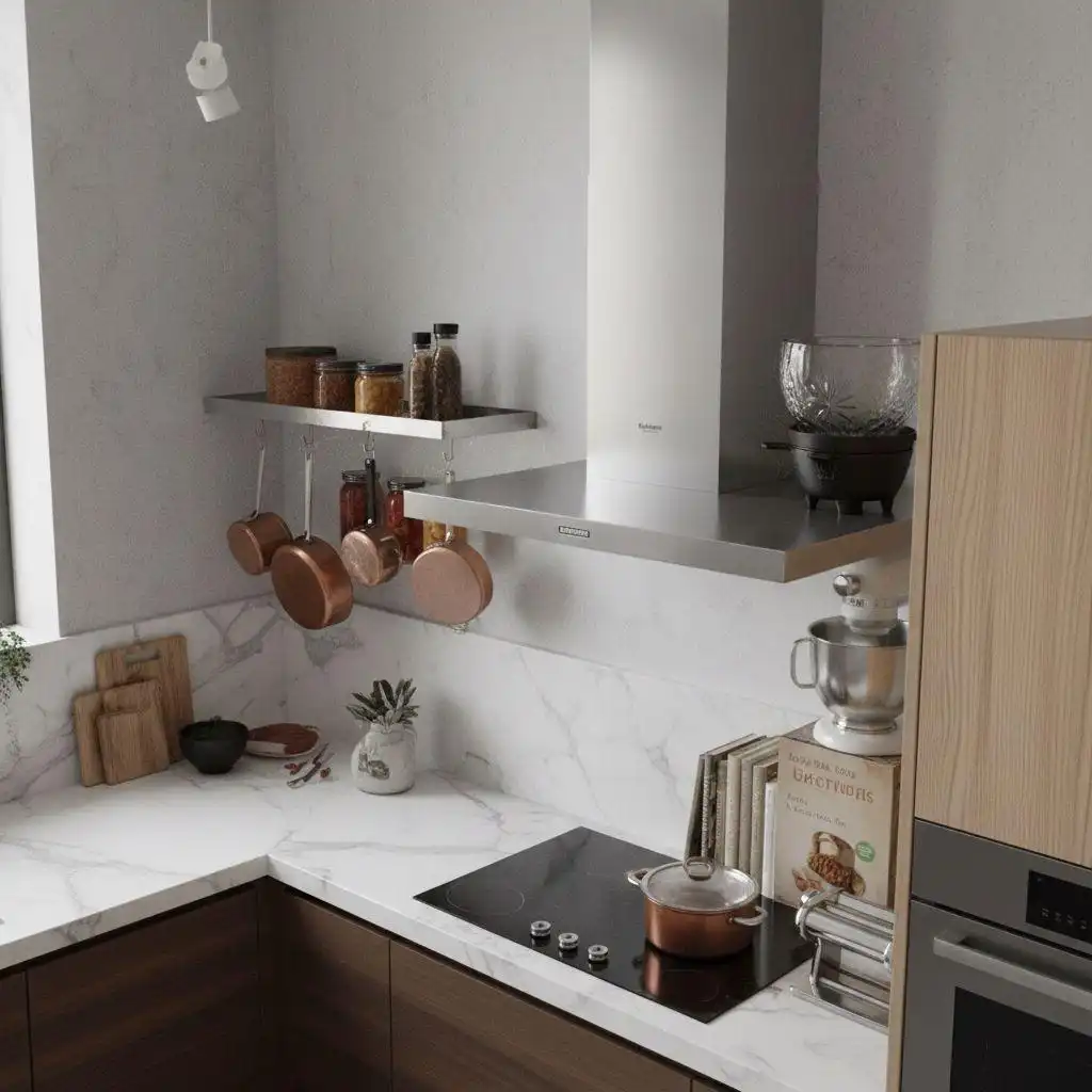 U shaped kitchen ideas 4 Close-up of a U-shaped kitchen with a stainless steel range hood, marble backsplash, and hanging copper pots on a metal shelf.