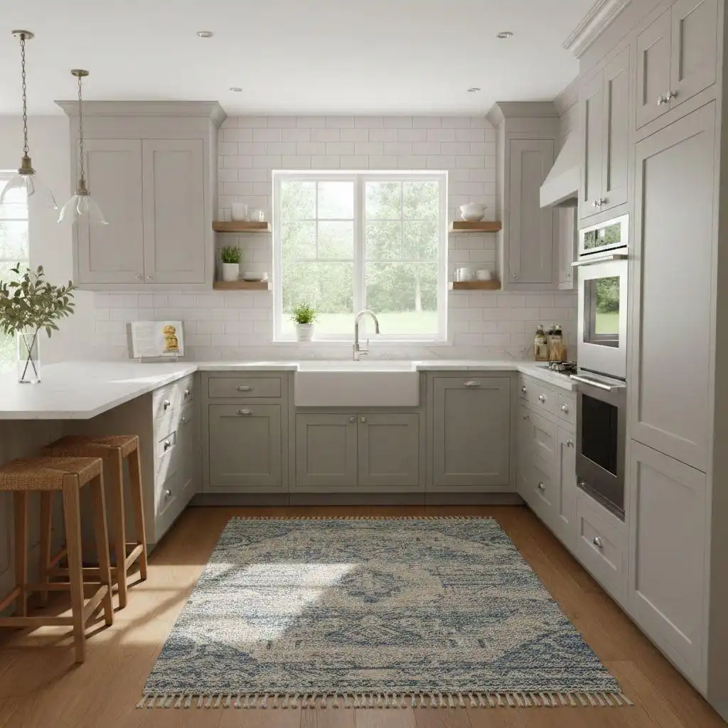 U shaped kitchen ideas 6 Light grey Shaker-style U-shaped kitchen with a farmhouse apron sink, subway tile backsplash, and wooden breakfast bar stools.