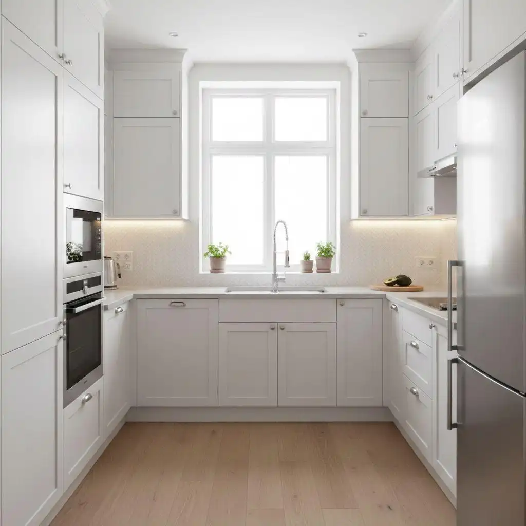 U shaped kitchen ideas 7 Small white U-shaped kitchen in a narrow room with floor-to-ceiling cabinetry and a large window providing natural light.