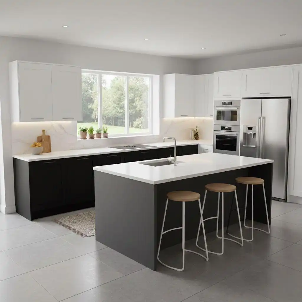 U shaped kitchen ideas 8 Spacious U-shaped kitchen with black lower cabinets, white upper cabinets, and a central grey island with seating.
