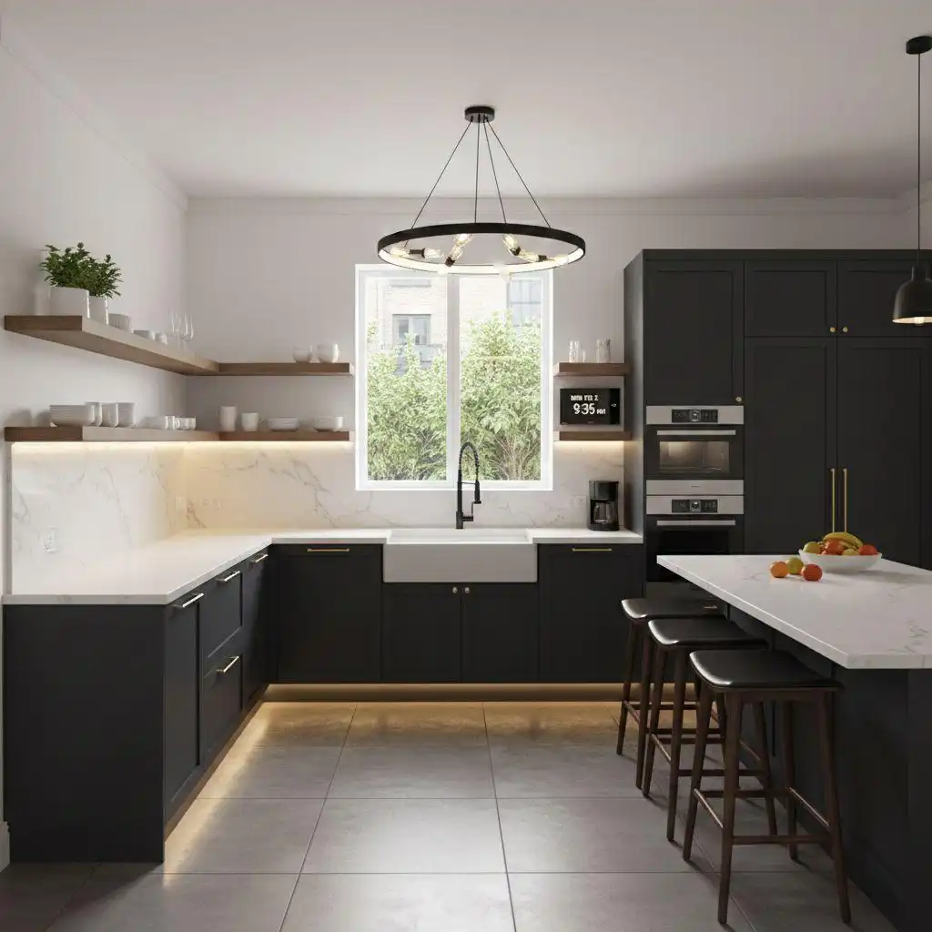 U shaped kitchen ideas 9 Charcoal grey U-shaped kitchen featuring wooden open corner shelves, marble backsplash, and a modern ring chandelier.