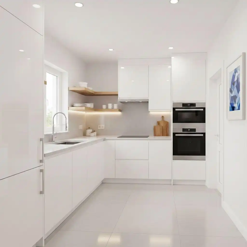 Bright all-white L-shaped galley kitchen layout with high-gloss cabinets and corner floating shelve